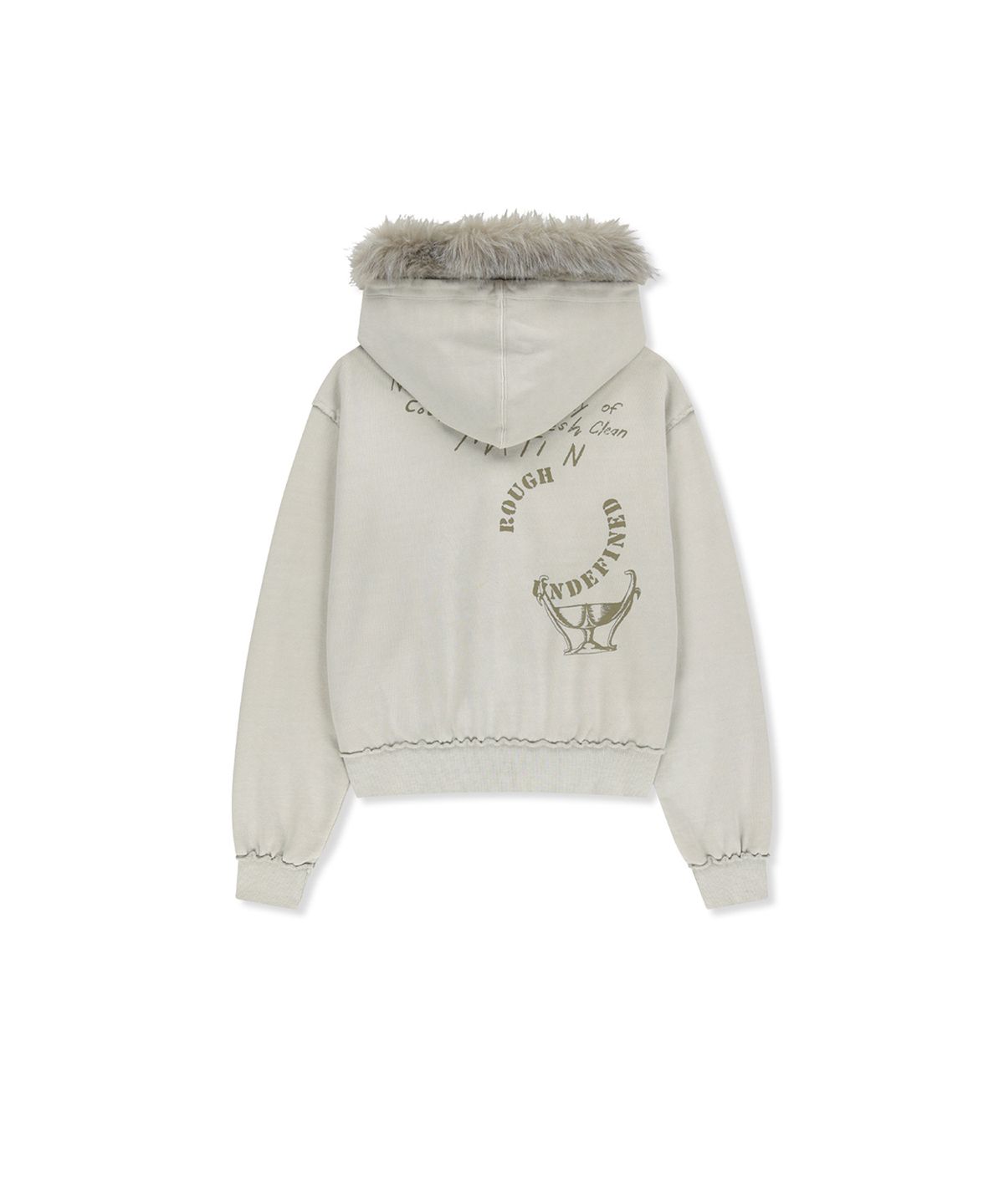 마뗑킴(MATIN KIM) VINTAGE GRAFFITI FUR-TRIM HOODY ZIP UP IN LIGHT BEIGE