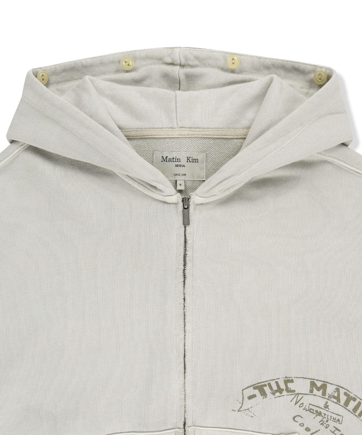 마뗑킴(MATIN KIM) VINTAGE GRAFFITI FUR-TRIM HOODY ZIP UP IN LIGHT BEIGE
