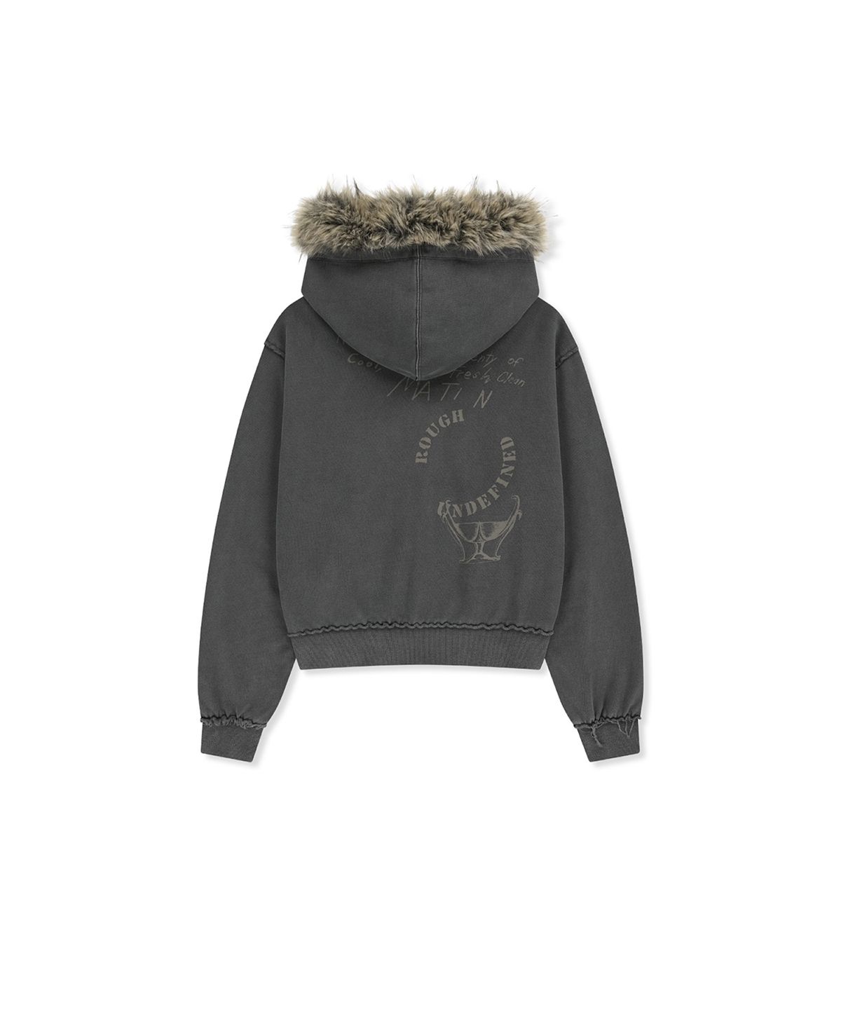 마뗑킴(MATIN KIM) VINTAGE GRAFFITI FUR-TRIM HOODY ZIP UP IN CHARCOAL
