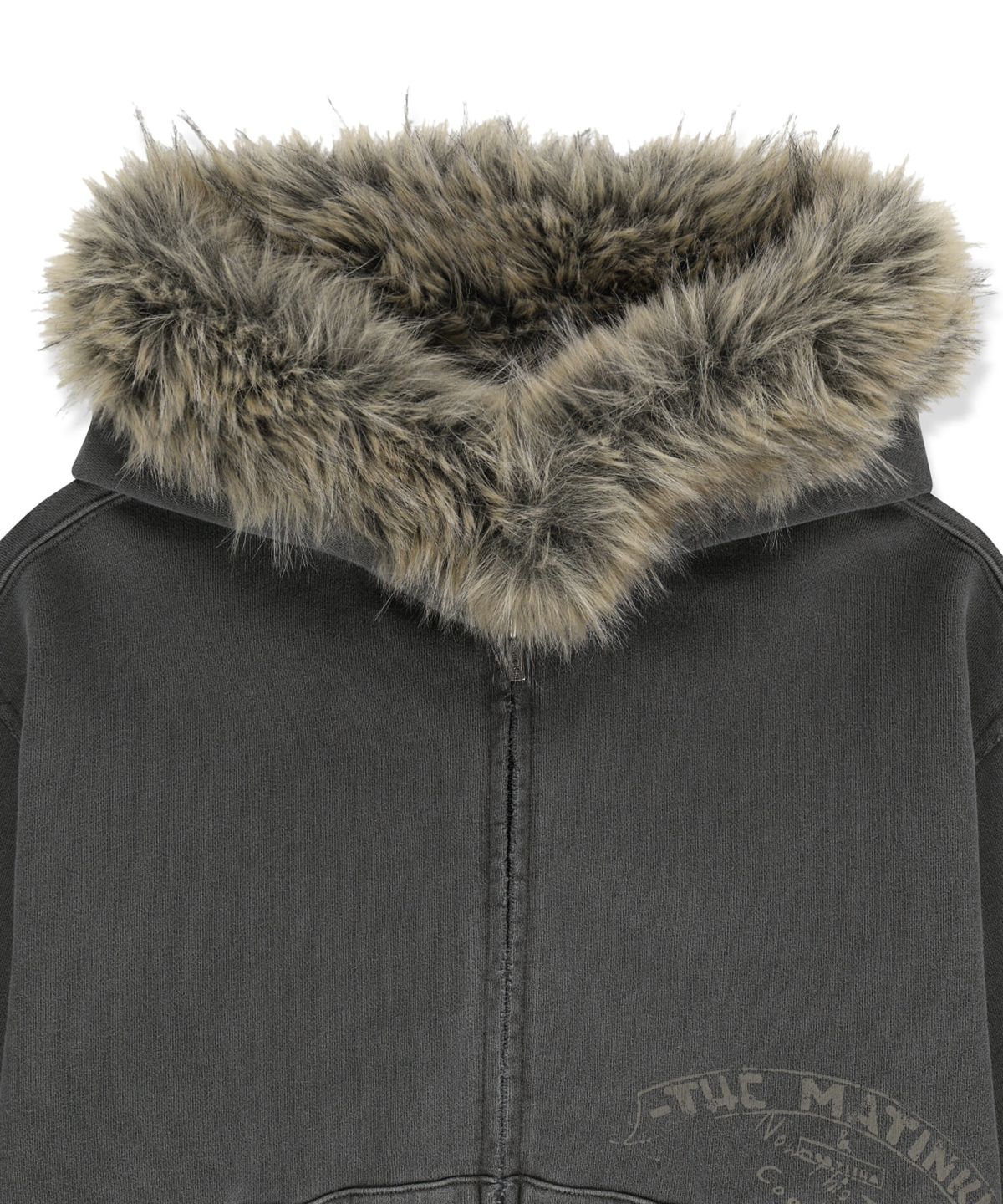 마뗑킴(MATIN KIM) VINTAGE GRAFFITI FUR-TRIM HOODY ZIP UP IN CHARCOAL