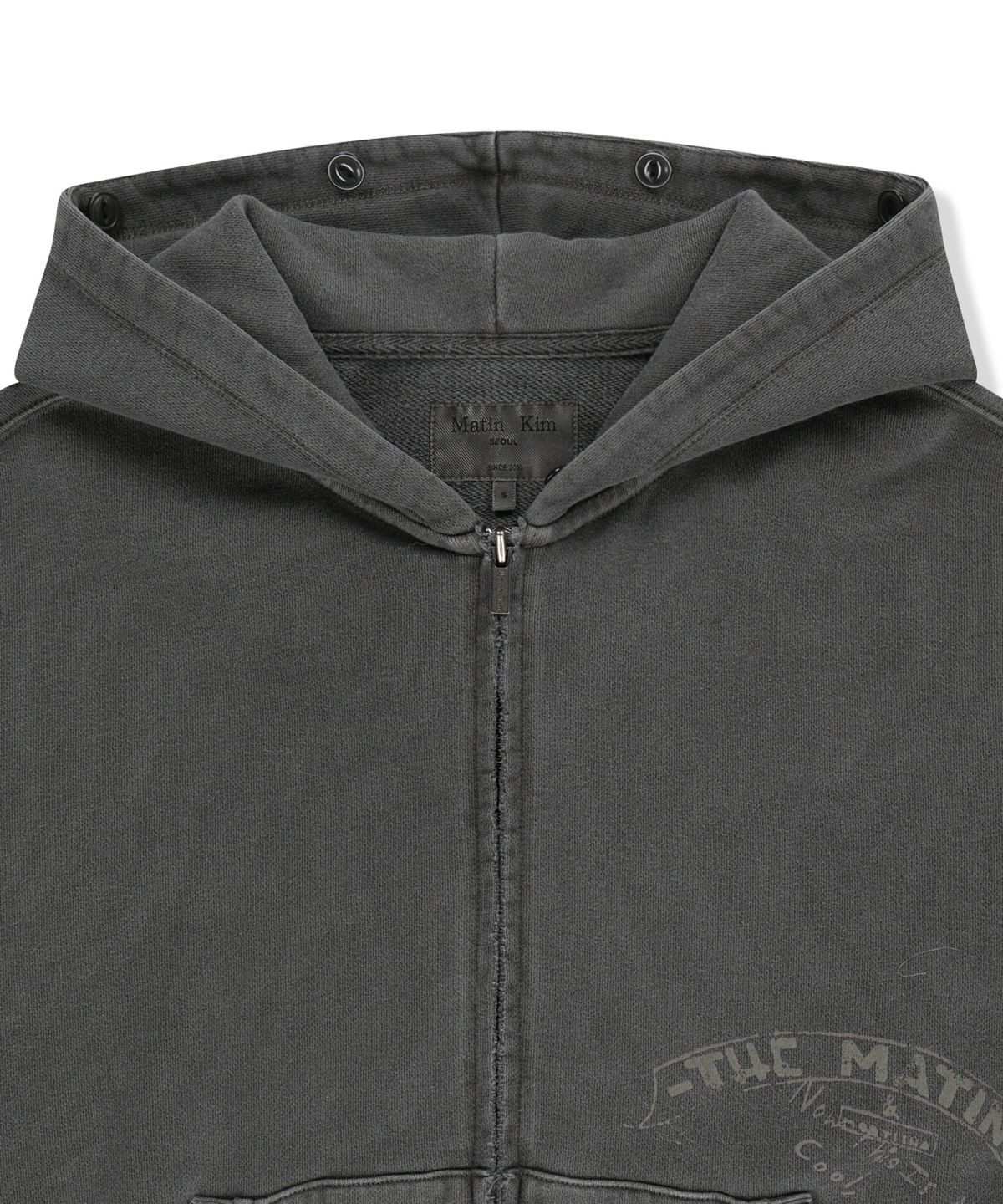 마뗑킴(MATIN KIM) VINTAGE GRAFFITI FUR-TRIM HOODY ZIP UP IN CHARCOAL