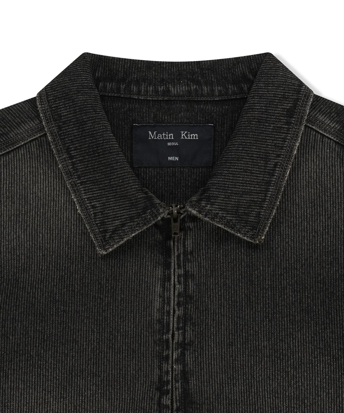 마뗑킴(MATIN KIM) WASHED RIB DENIM ZIP UP JUMPER FOR MEN IN DARK GREY
