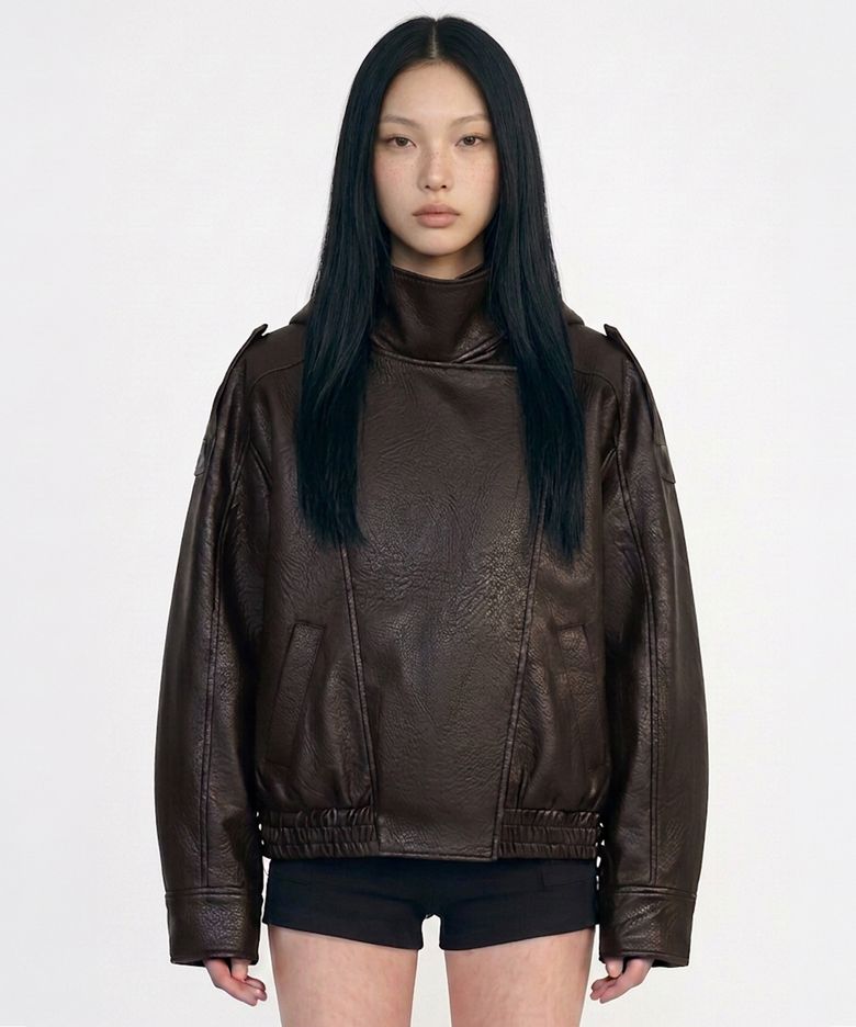 코니 하이넥 후드 레더 자켓 / 브라운