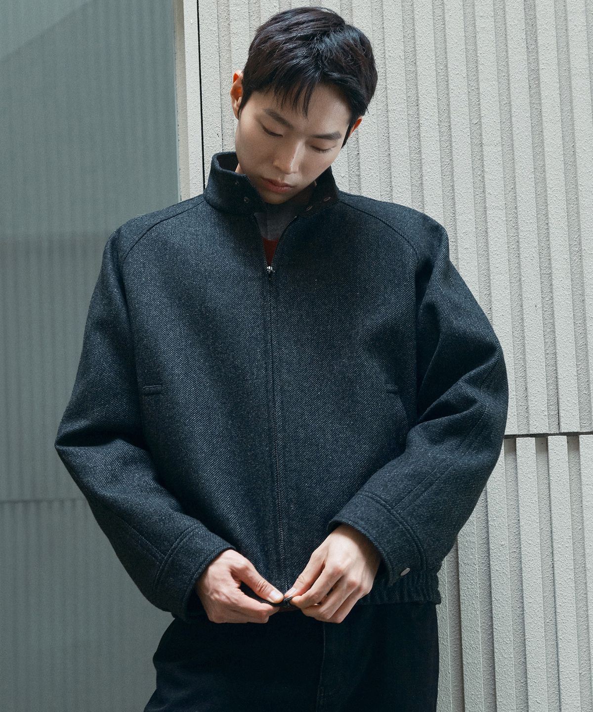 마인드브릿지(MINDBRIDGE) [COUTURE]울 혼방투톤 헤링본 패턴 오버핏  점퍼