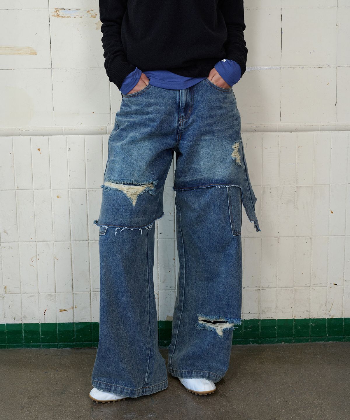 무드베러(MOODBETTER) DESTROYED LAYERED DENIM PANTS MEDIUM BLUE