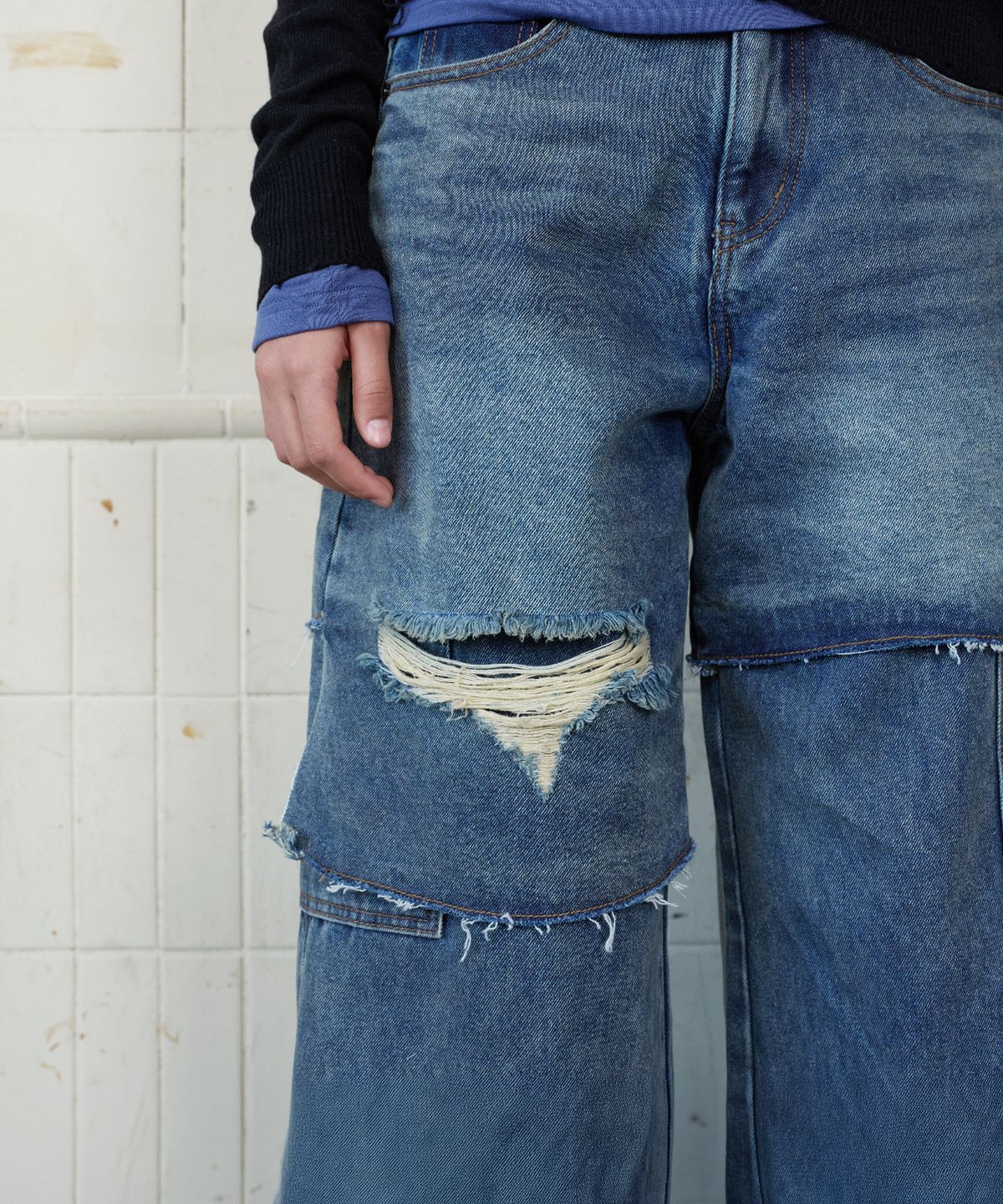 무드베러(MOODBETTER) DESTROYED LAYERED DENIM PANTS MEDIUM BLUE