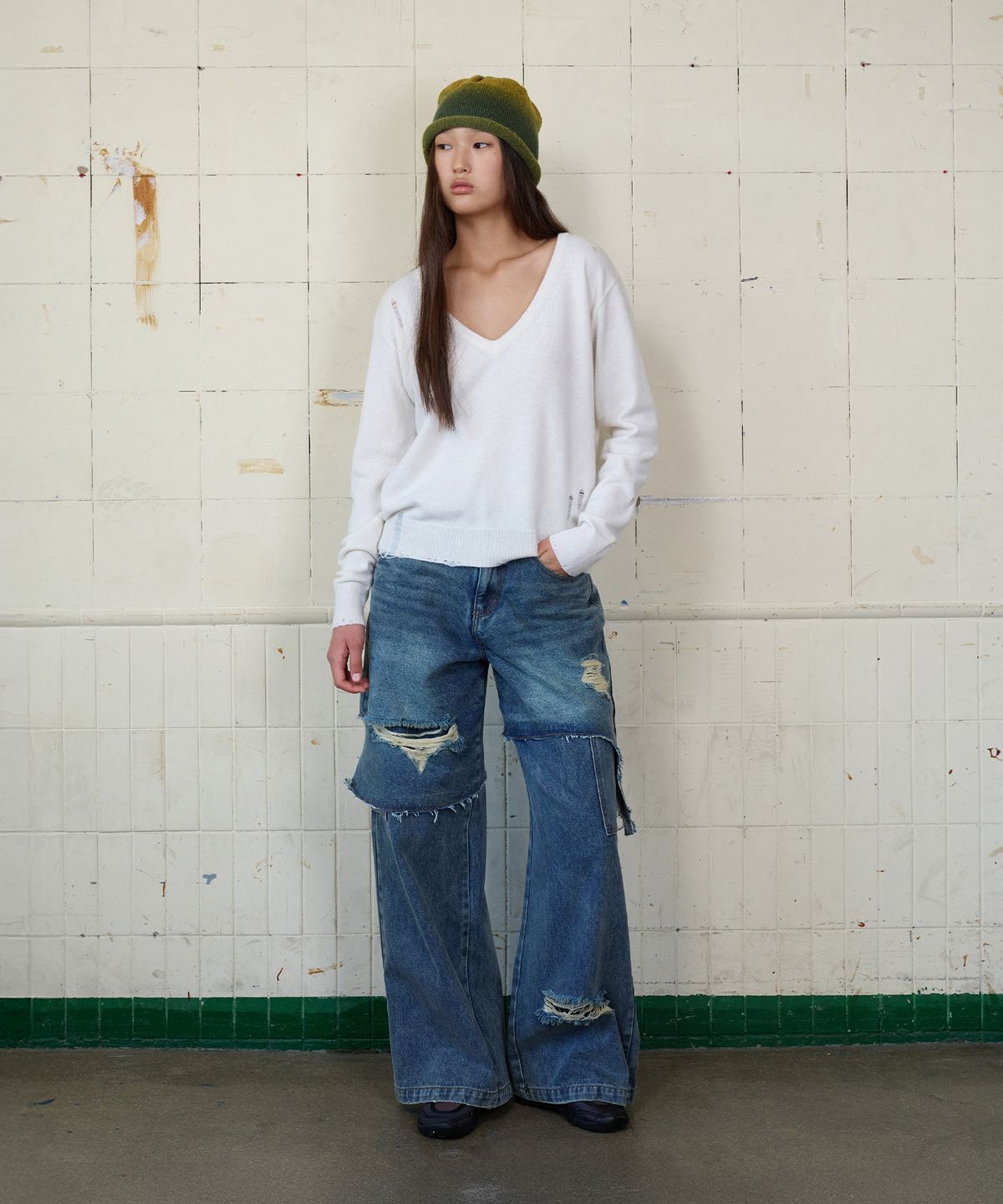 무드베러(MOODBETTER) DESTROYED LAYERED DENIM PANTS MEDIUM BLUE