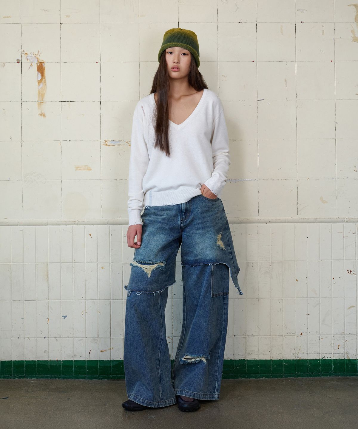 무드베러(MOODBETTER) DESTROYED LAYERED DENIM PANTS MEDIUM BLUE