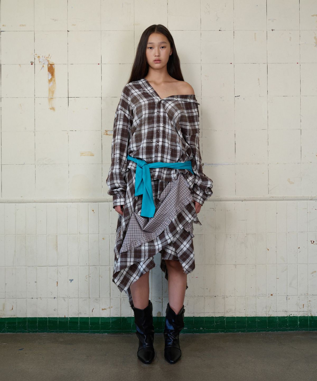 무드베러(MOODBETTER) DAMAGE WASHED CHECK SHIRT BROWN