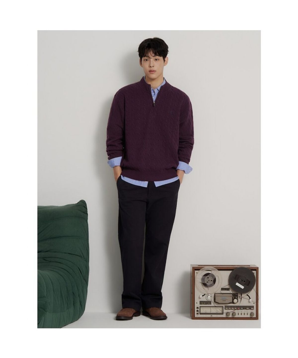 빈폴 멘(BEANPOLE MEN) [Essential] 케이블 쿼터집 니트  와인