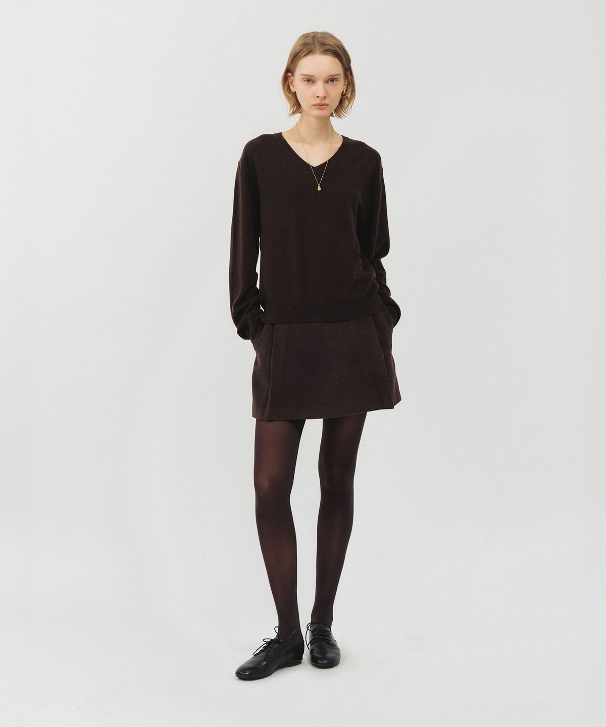 룩캐스트(LOOKAST) 텐셀 블렌드 A라인 미니 스커트_브라운 / TENCEL BLEND A-LINE MINI SKIRT_BROWN