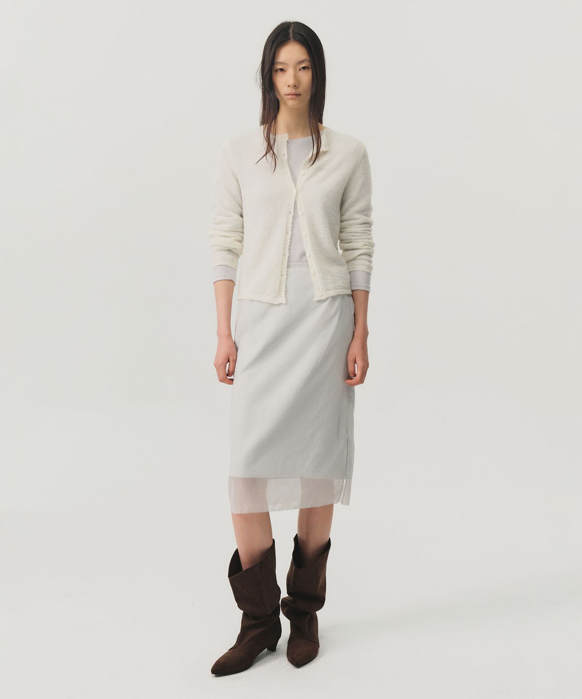 룩캐스트(LOOKAST) 투웨이 레이어드 에이치 라인 스커트_라이트 블루 / 2-WAY LAYERED H-LINE SKIRT_LIGHT BLUE