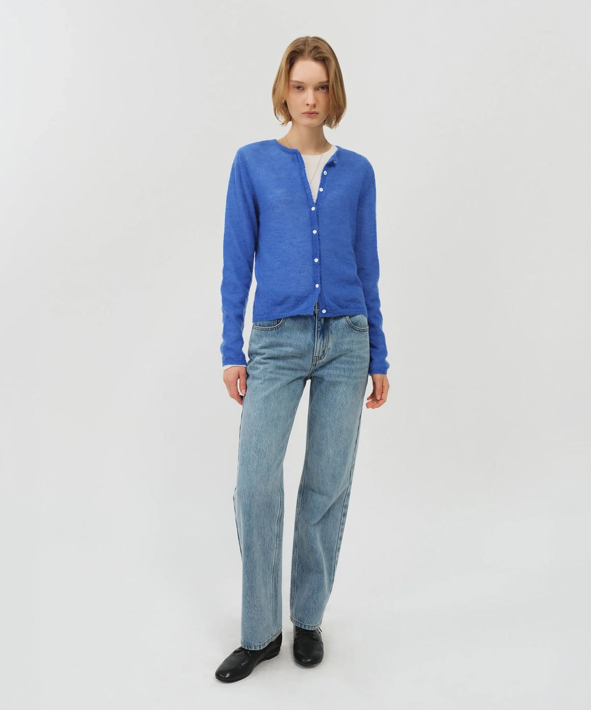 룩캐스트(LOOKAST) 쉘 버튼 모헤어 시어 가디건_블루 / SHELL BUTTON MOHAIR SHEER CARDIGAN_BLUE