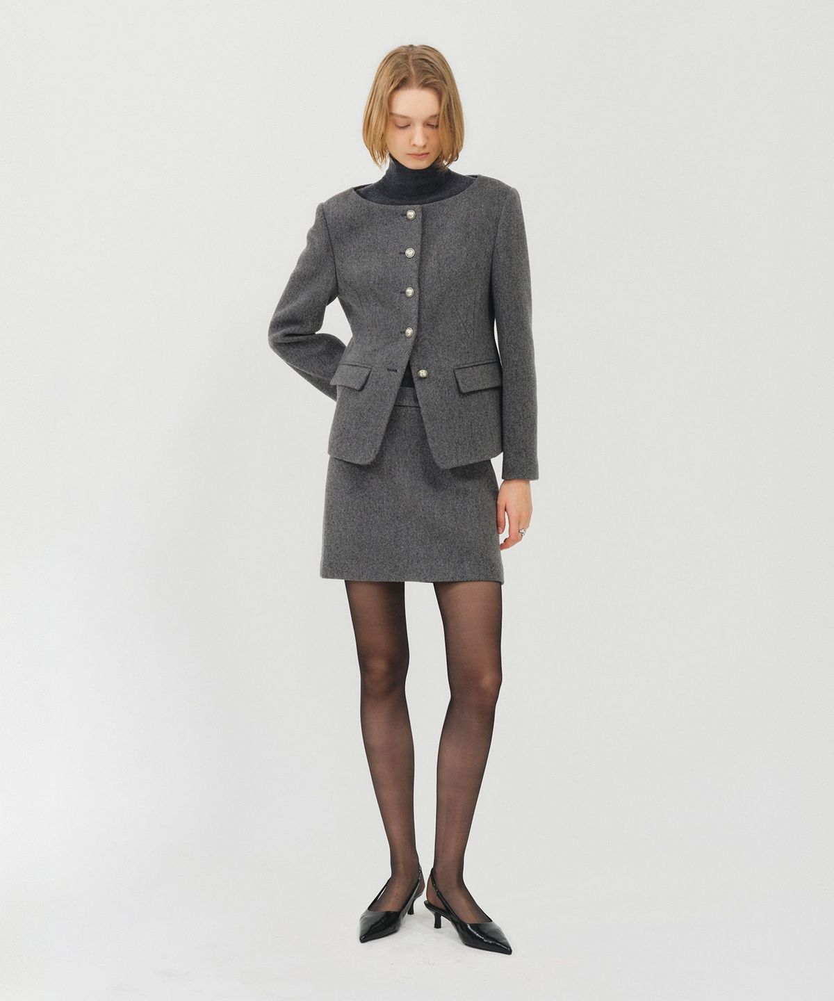 룩캐스트(LOOKAST) 소프트 울 트위드 보트넥 슬림 자켓_그레이 / SOFT WOOL TWEED BOAT-NECK SLIM JACKET_GREY