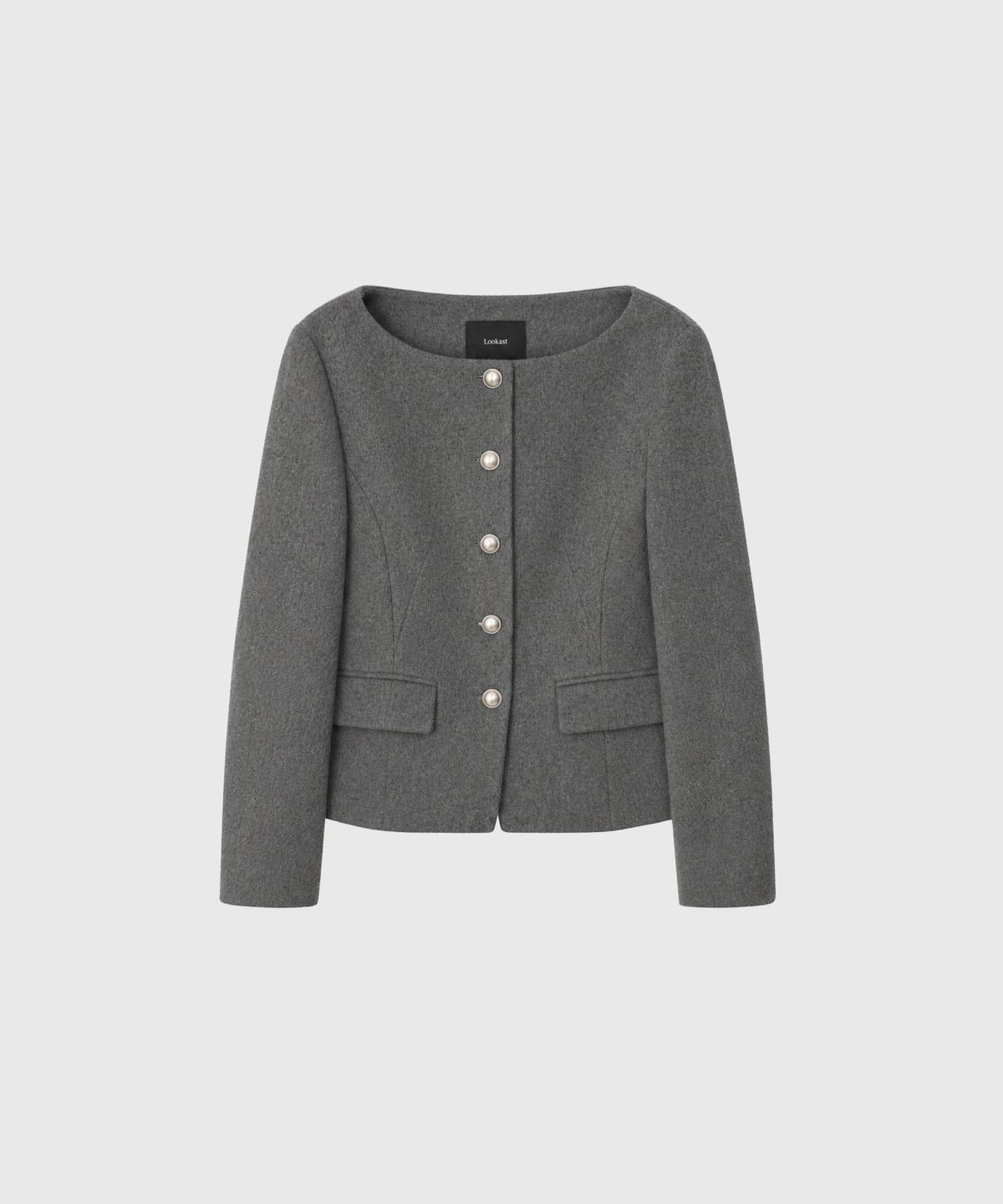 룩캐스트(LOOKAST) 소프트 울 트위드 보트넥 슬림 자켓_그레이 / SOFT WOOL TWEED BOAT-NECK SLIM JACKET_GREY