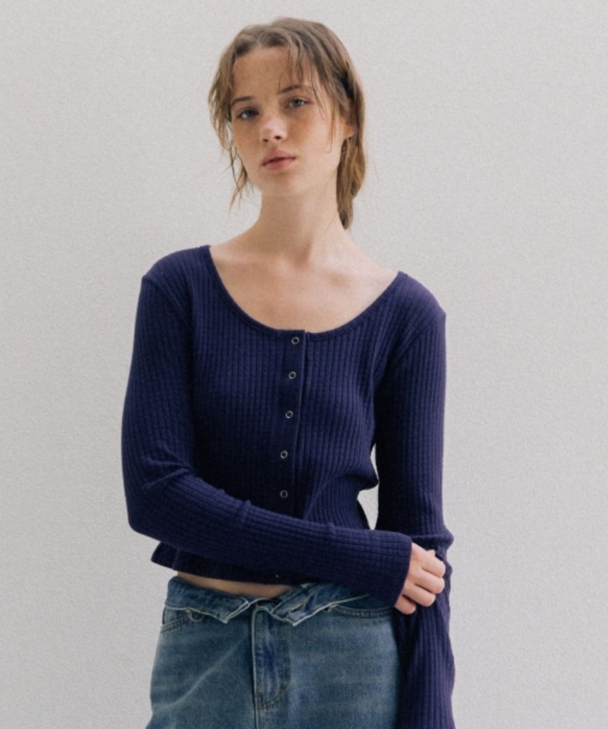 어나우트(UNNOUT) SOFT RIB JERSEY CARDIGAN NAVY PURPLE