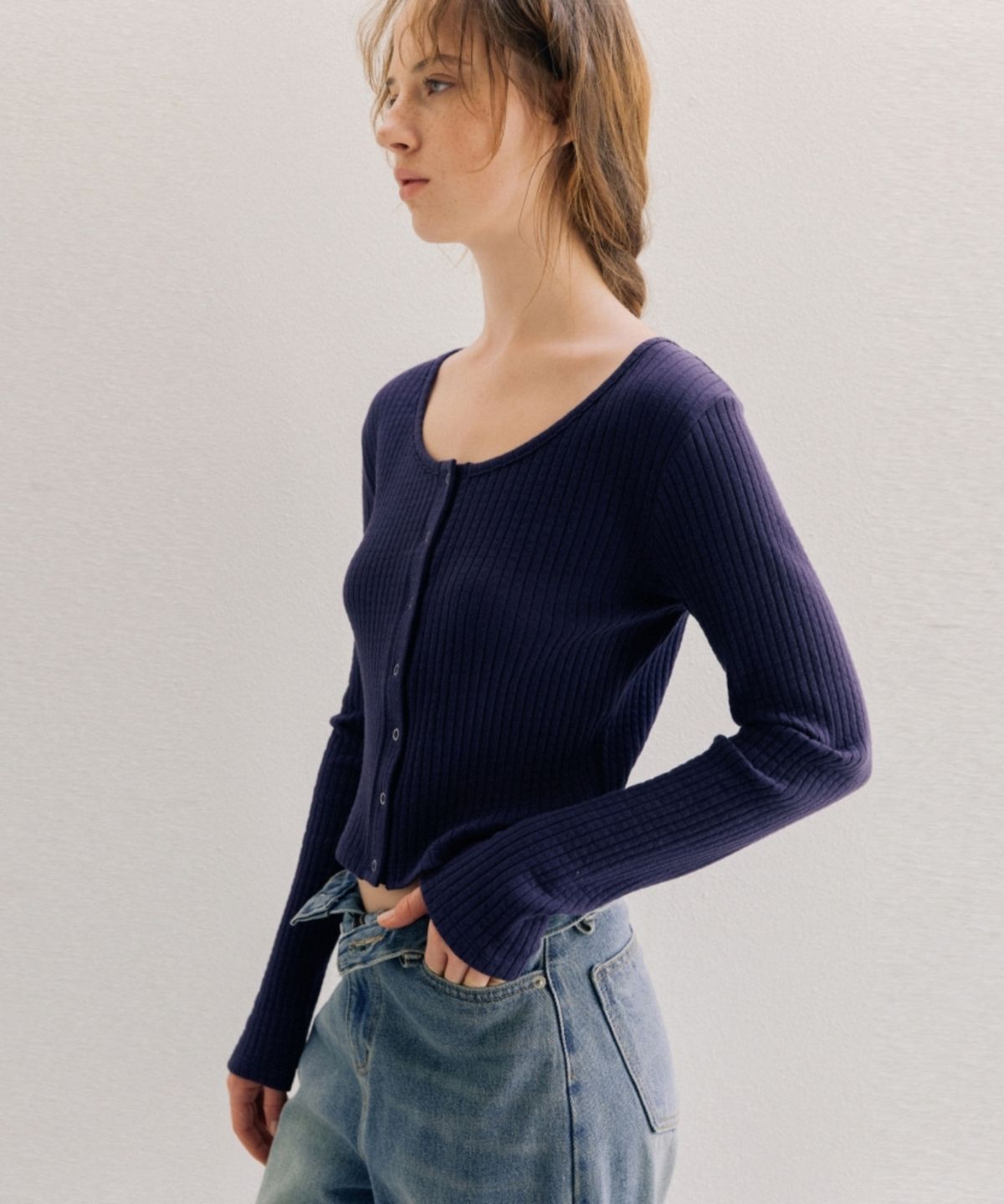 어나우트(UNNOUT) SOFT RIB JERSEY CARDIGAN NAVY PURPLE