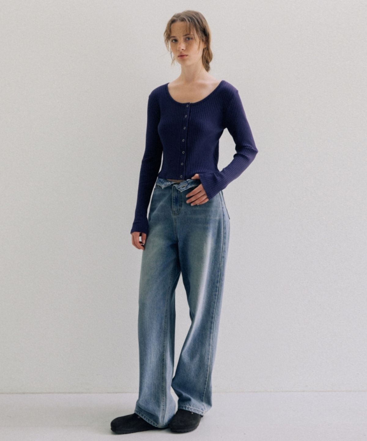 어나우트(UNNOUT) SOFT RIB JERSEY CARDIGAN NAVY PURPLE