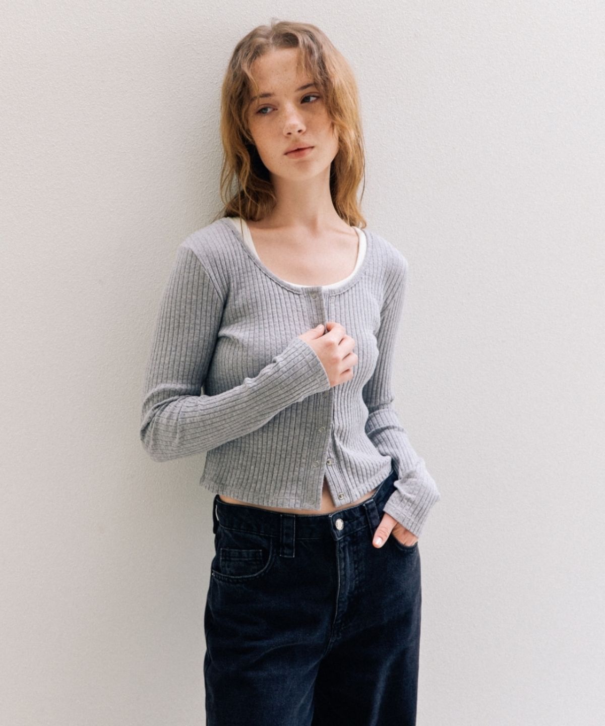 어나우트(UNNOUT) SOFT RIB JERSEY CARDIGAN NAVY GREY