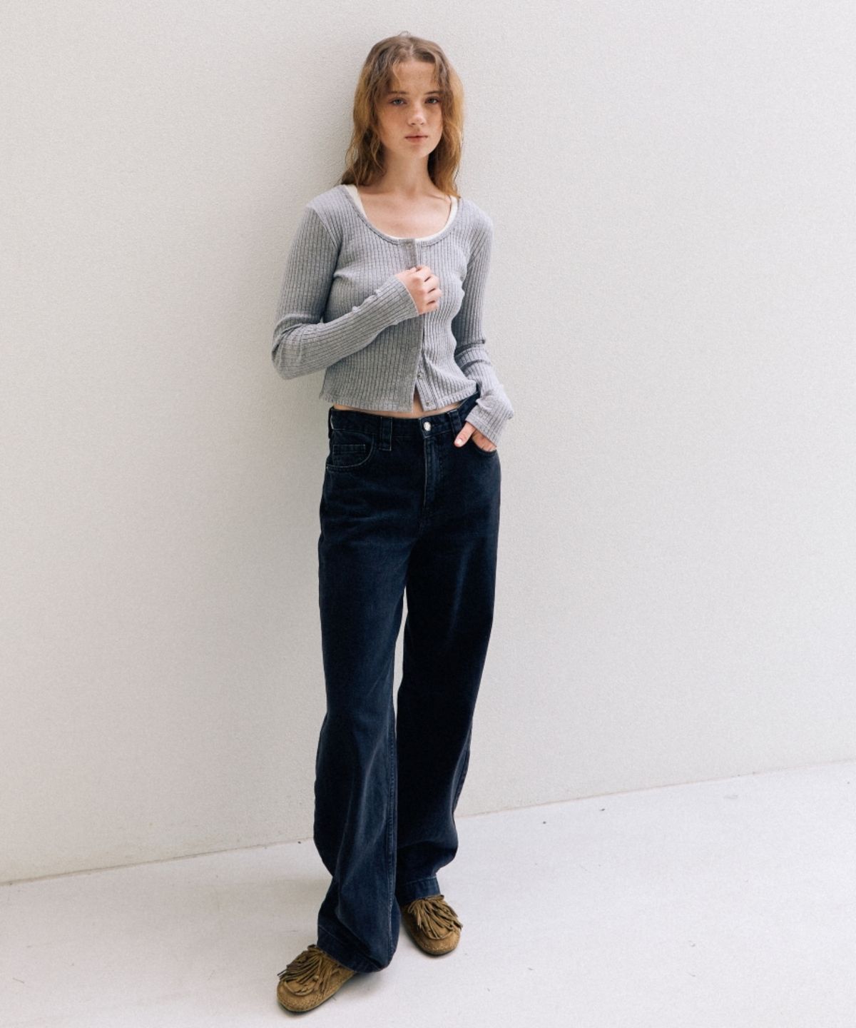어나우트(UNNOUT) SOFT RIB JERSEY CARDIGAN NAVY GREY