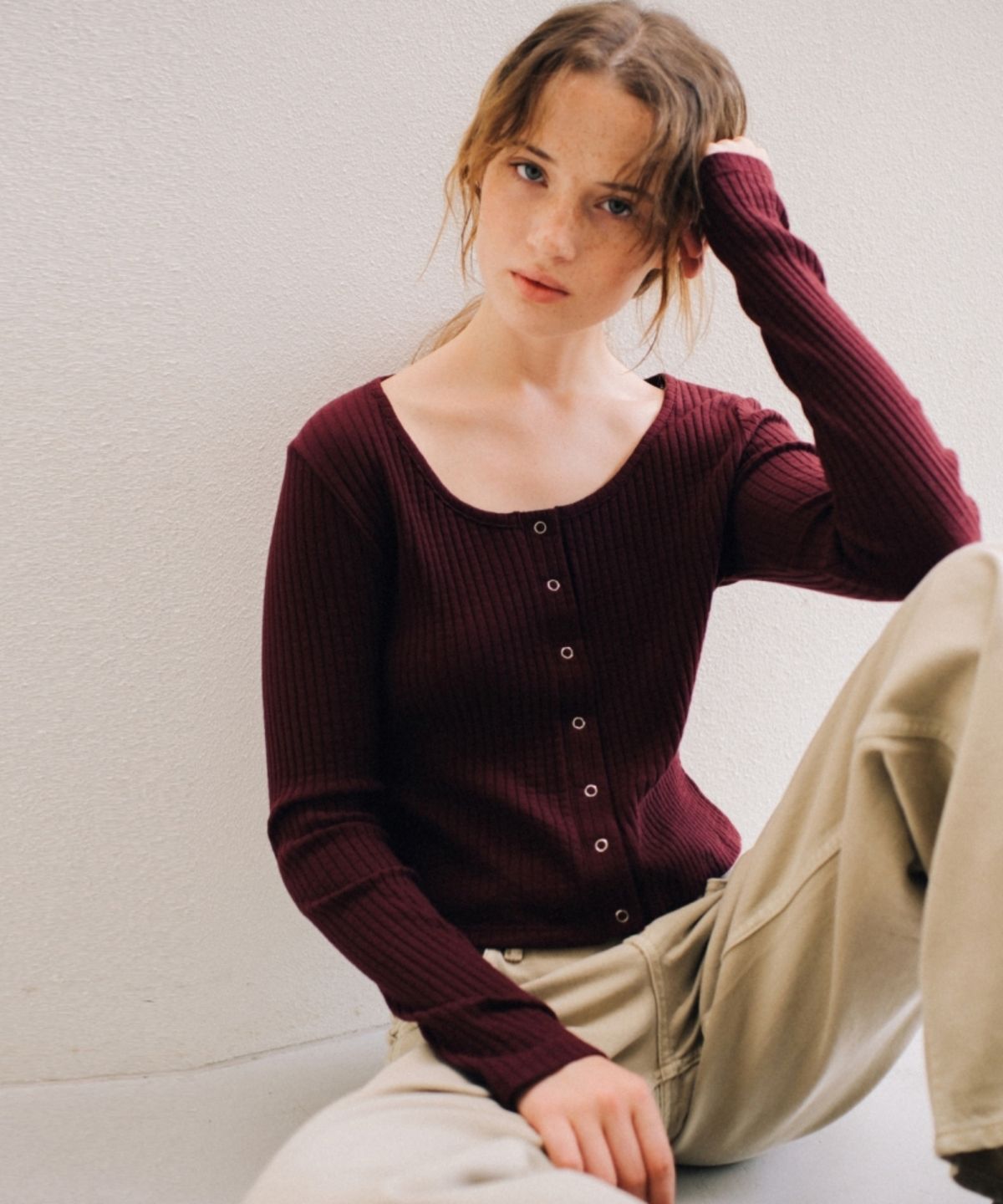 어나우트(UNNOUT) SOFT RIB JERSEY CARDIGAN NAVY BURGUNDY
