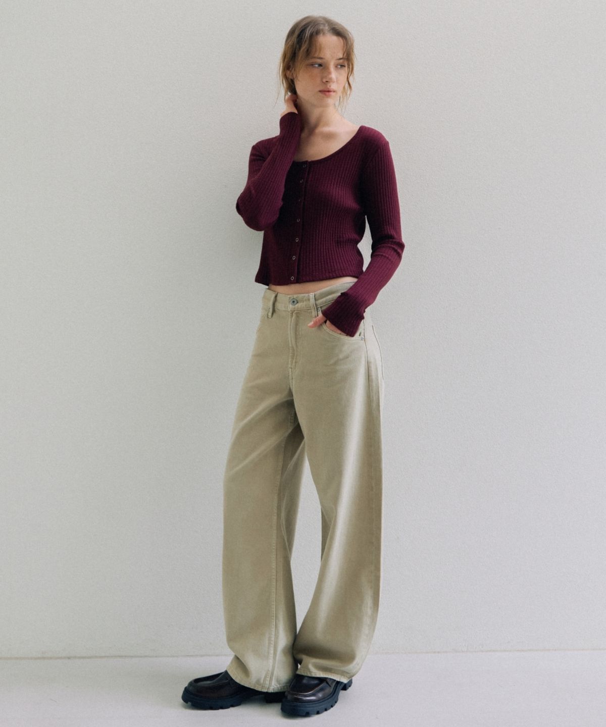 어나우트(UNNOUT) SOFT RIB JERSEY CARDIGAN NAVY BURGUNDY