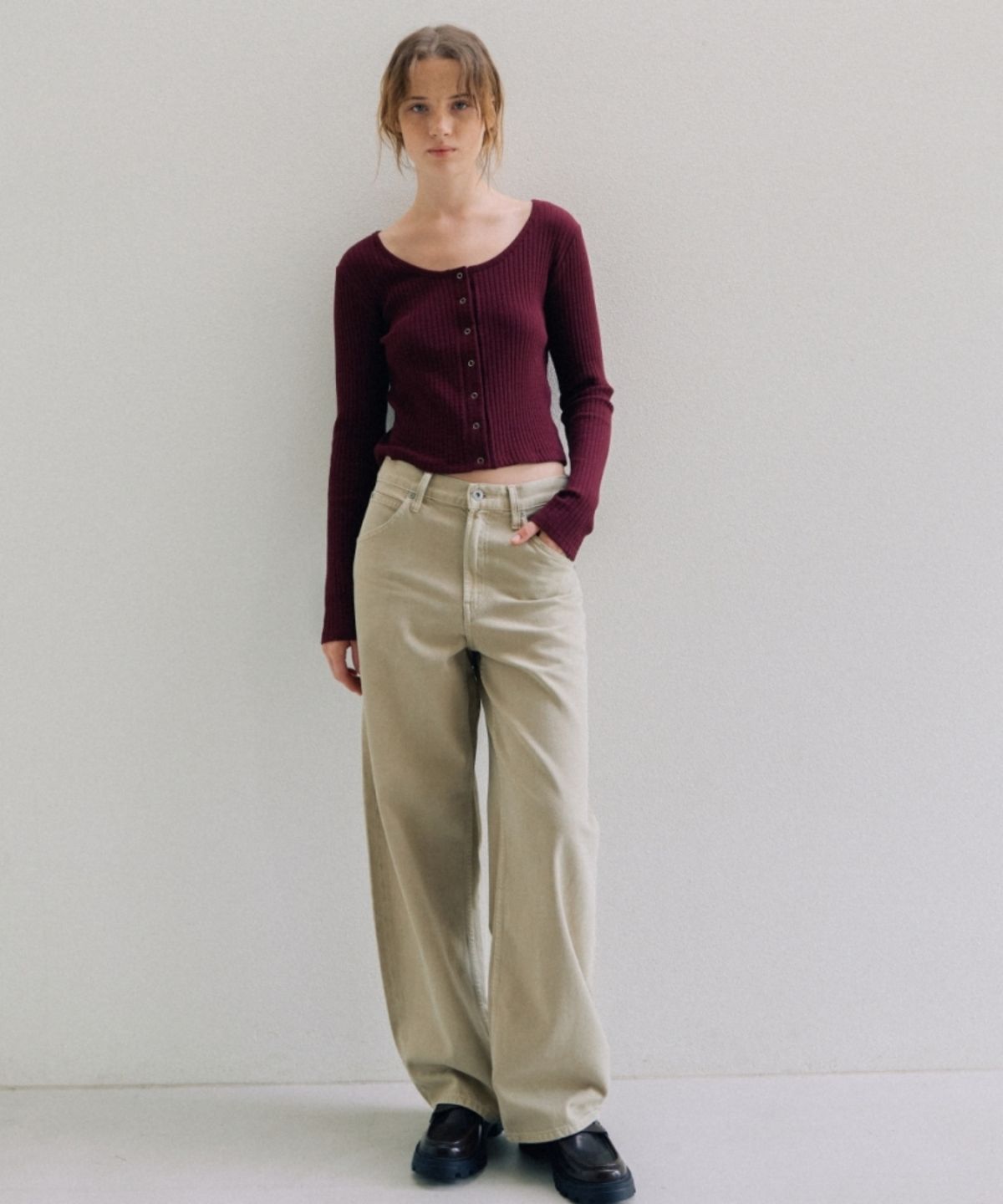 어나우트(UNNOUT) SOFT RIB JERSEY CARDIGAN NAVY BURGUNDY