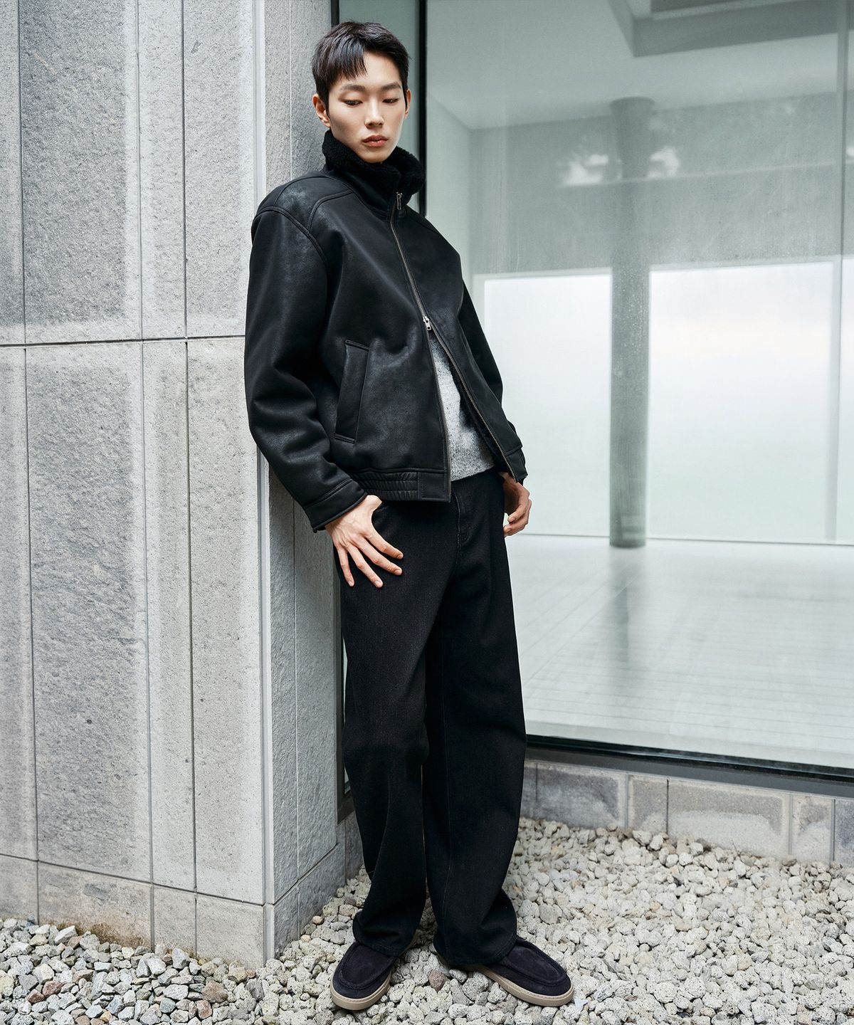 마인드브릿지(MINDBRIDGE) [COUTURE]스웨이드 안감 퍼 하이넥 무스탕
