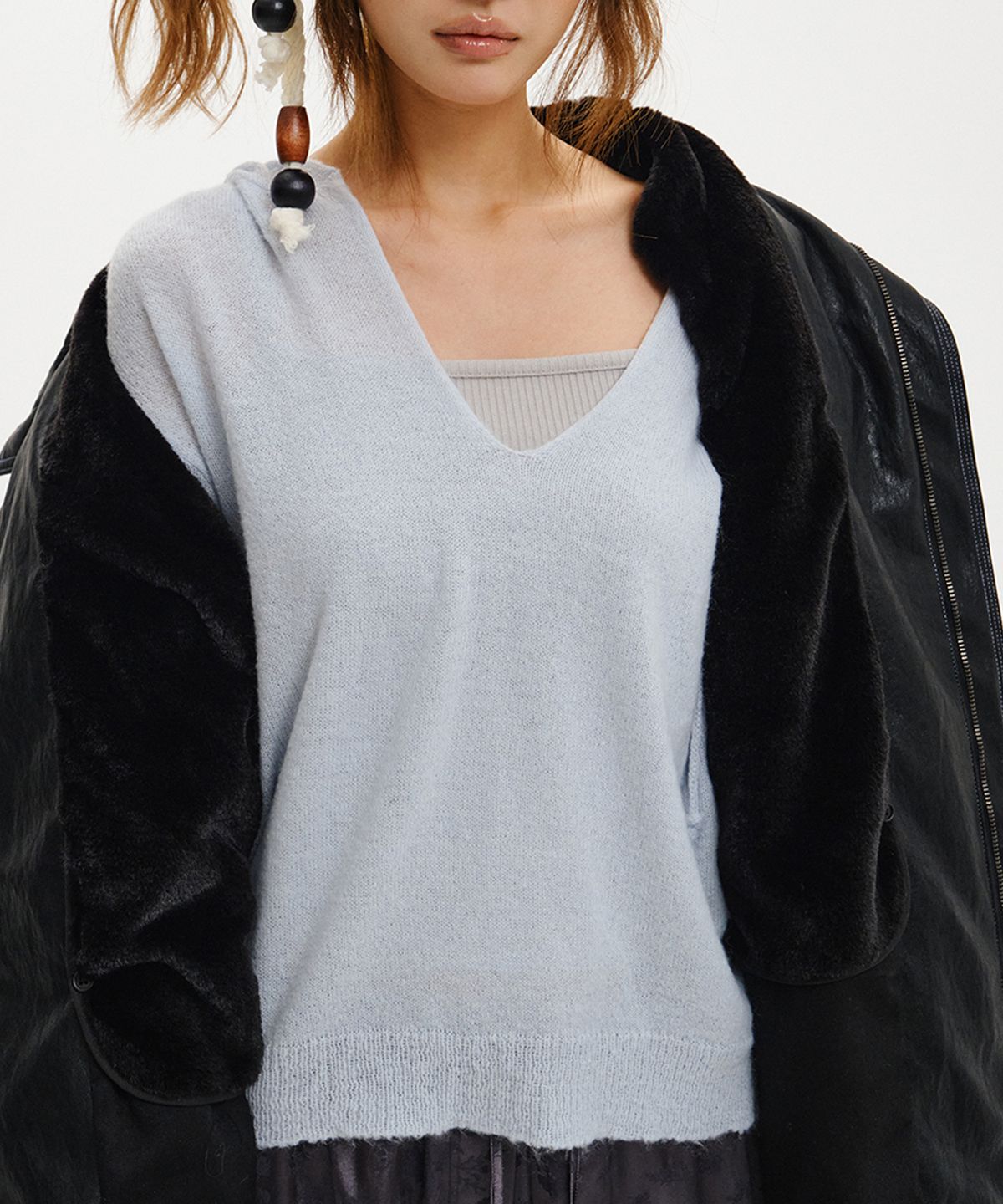 소르비(SORBEE) HIGH NECK STITCH LEATHER JACKET(FUR VEST SET) / BLACK