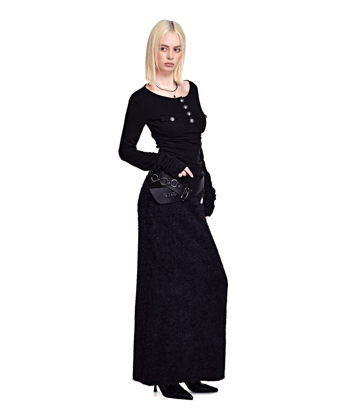 세컨모놀로그(SECONDMONO) Hairy Maxi Skirt [BLACK]_SEWSK008BLACK