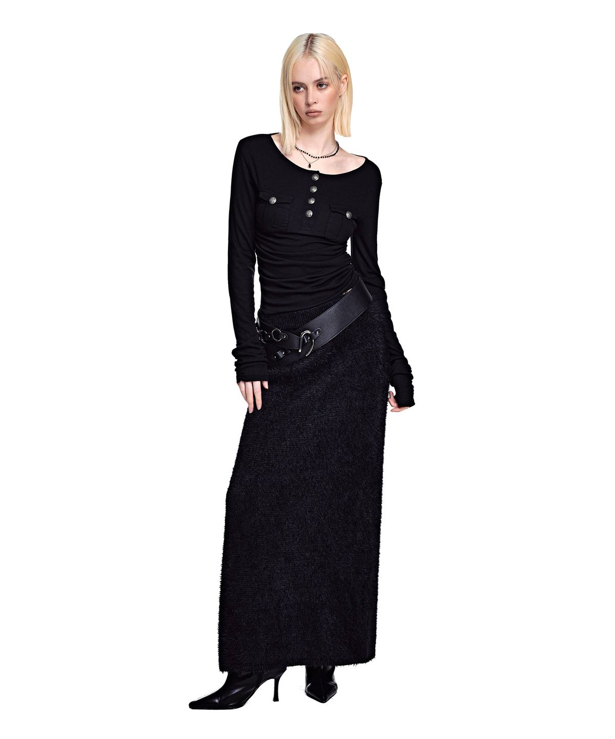 세컨모놀로그(SECONDMONO) Hairy Maxi Skirt [BLACK]_SEWSK008BLACK