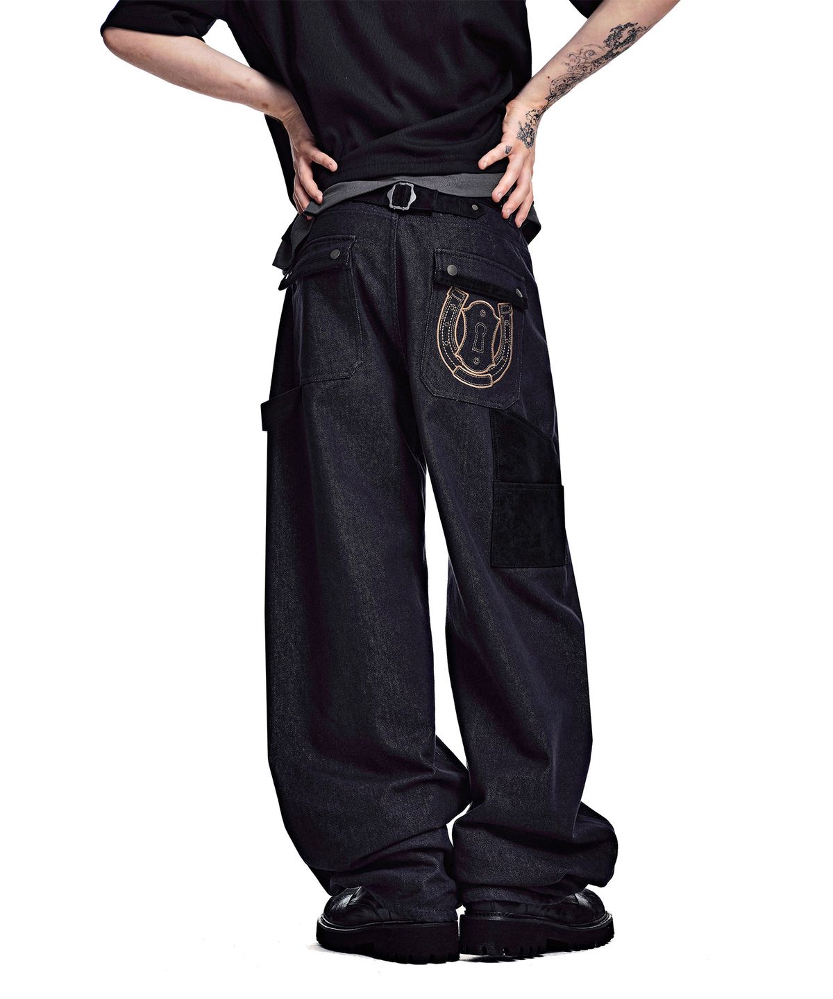 세컨모놀로그(SECONDMONO) Leather Panel Carpenter Wide Denim [INDIGO]_SEPT083INDIGO