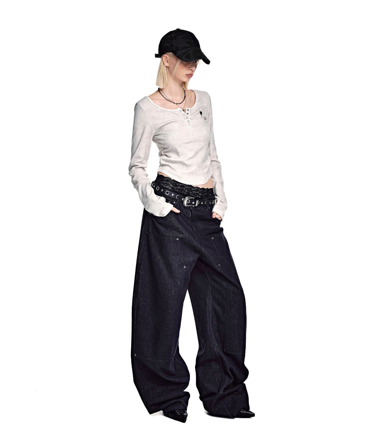 세컨모놀로그(SECONDMONO) Leather Panel Carpenter Wide Denim [INDIGO]_SEPT083INDIGO