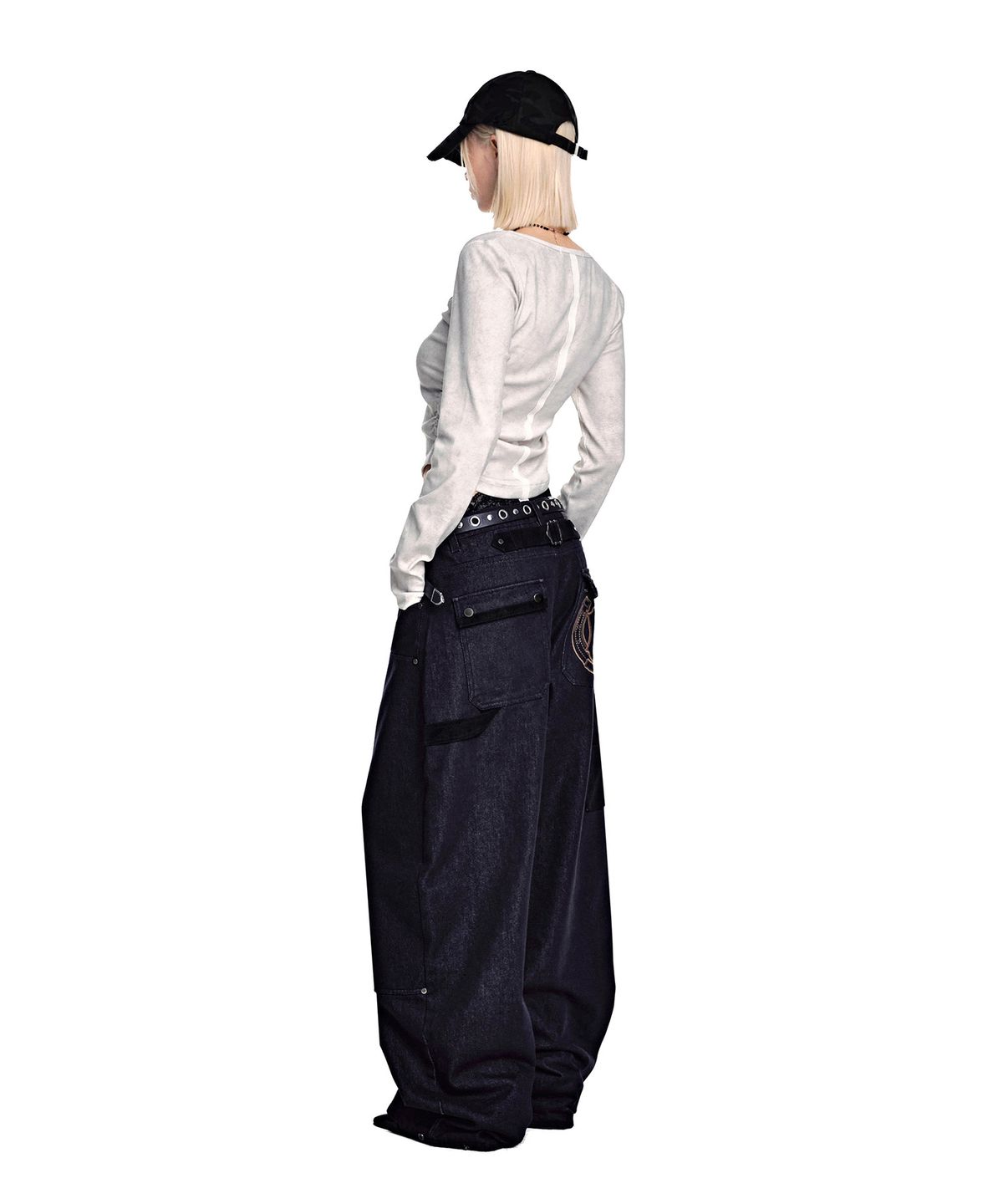 세컨모놀로그(SECONDMONO) Leather Panel Carpenter Wide Denim [INDIGO]_SEPT083INDIGO