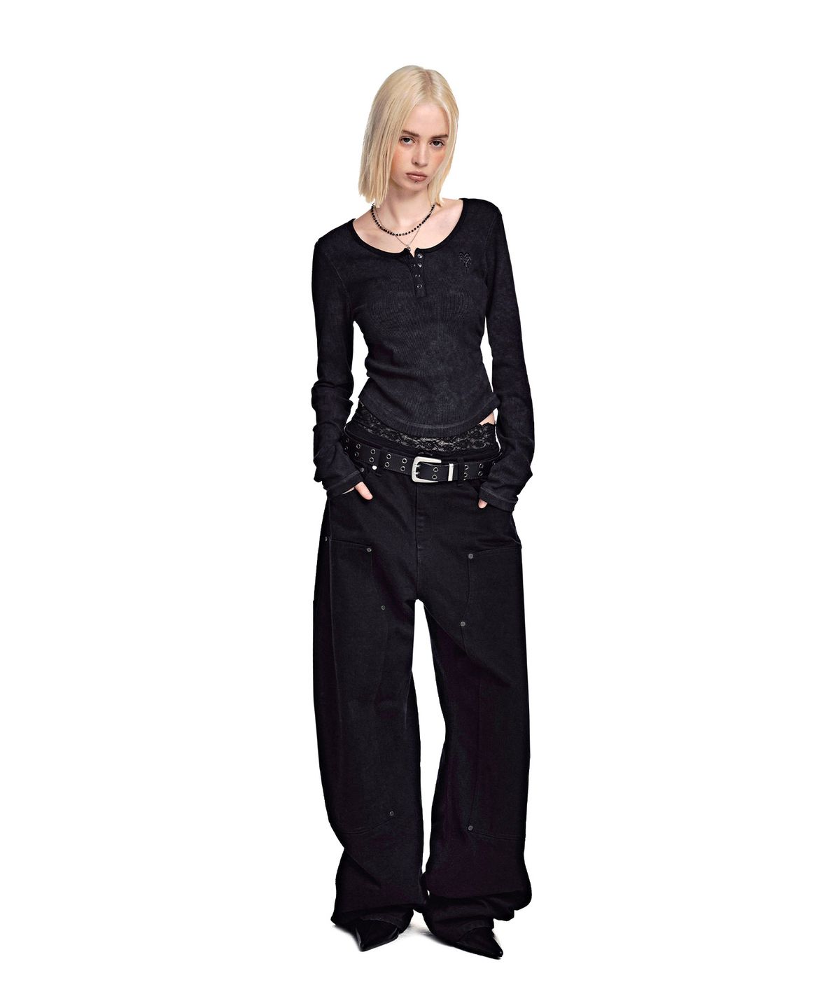세컨모놀로그(SECONDMONO) Leather Panel Carpenter Wide Denim [BLACK]_SEPT083BLACK