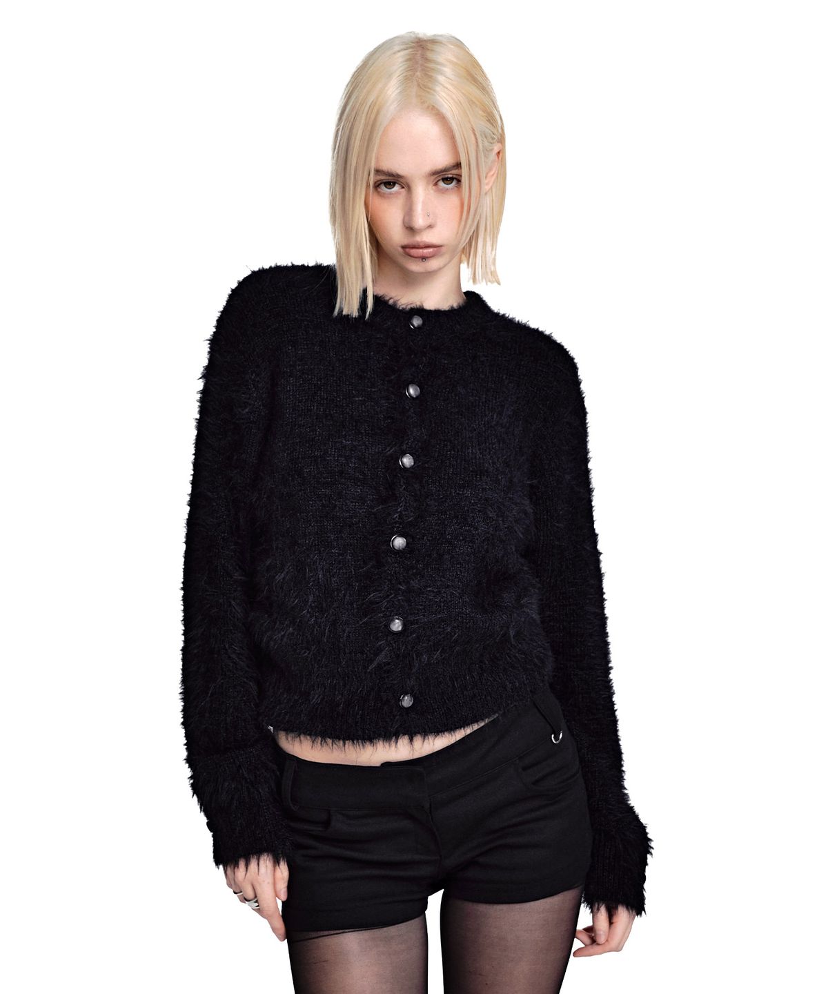 세컨모놀로그(SECONDMONO) Hairy Round Neck Button Cardigan [BLACK]_SEWCD009BLACK