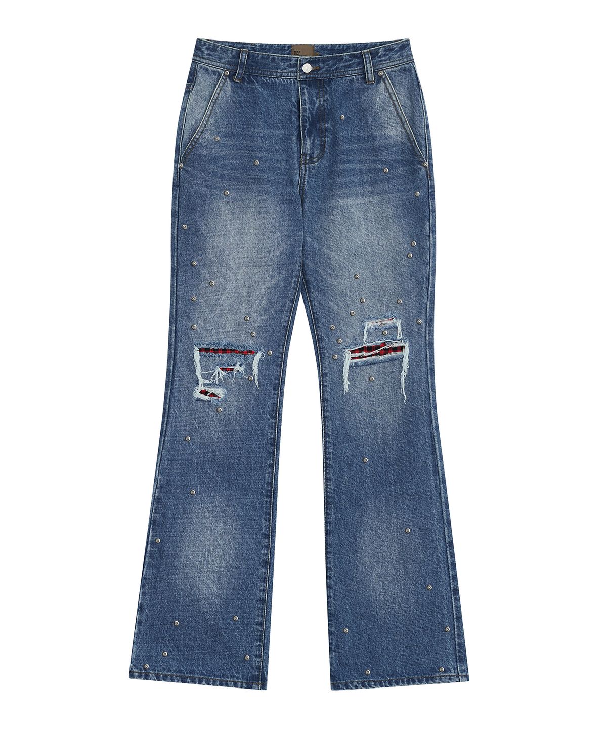 데프가먼츠(DEFGARMENTS) STUD CHECK PATCH FLARE JEANS [BLUE]
