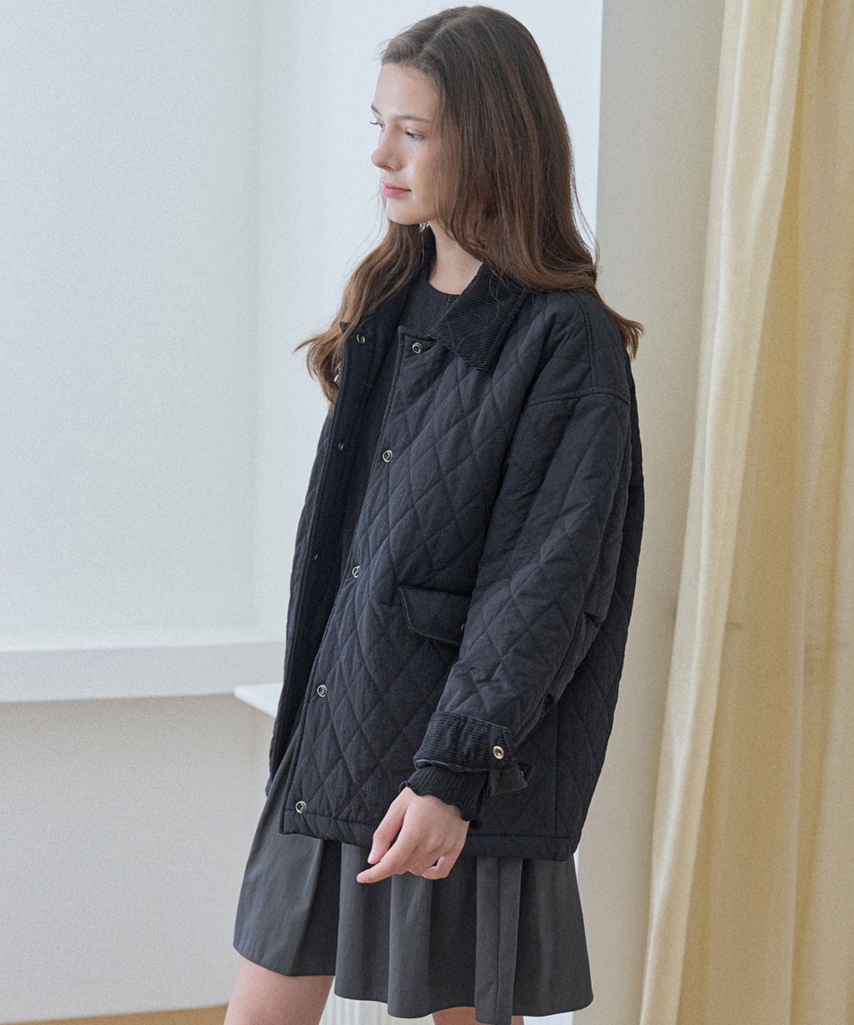 아방(AVANT-G) Diamond Quilted Safari Jacket - BLACK