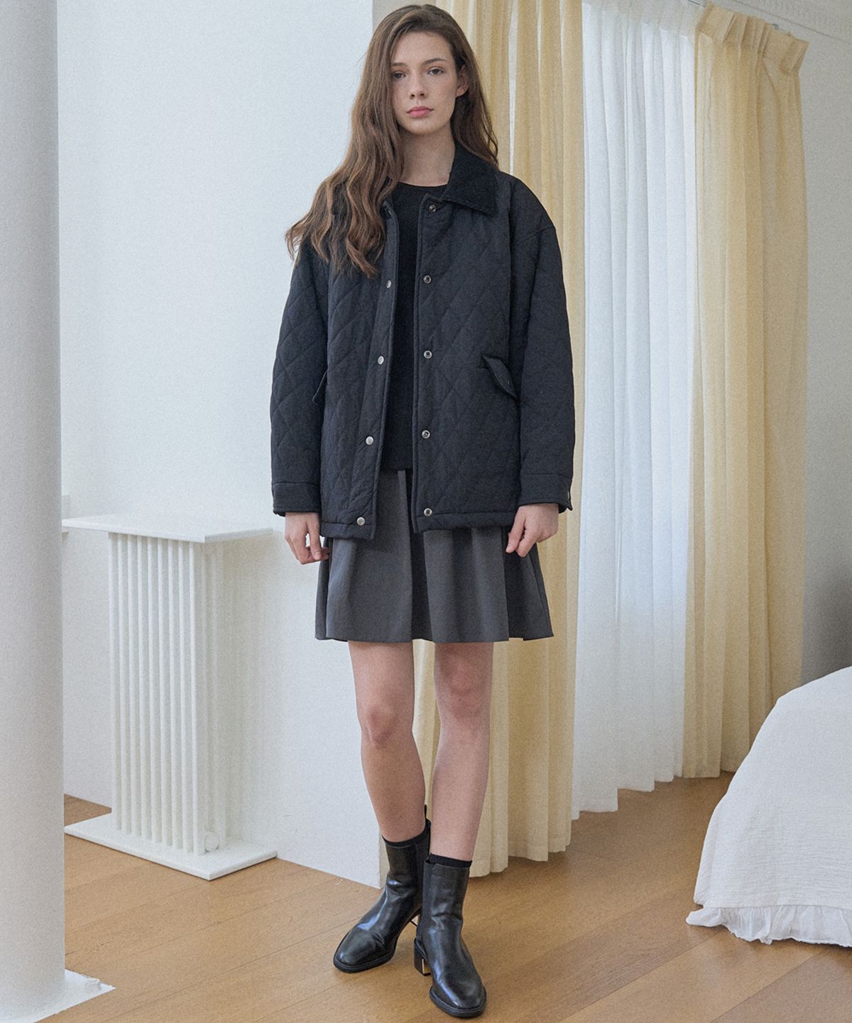 아방(AVANT-G) Diamond Quilted Safari Jacket - BLACK