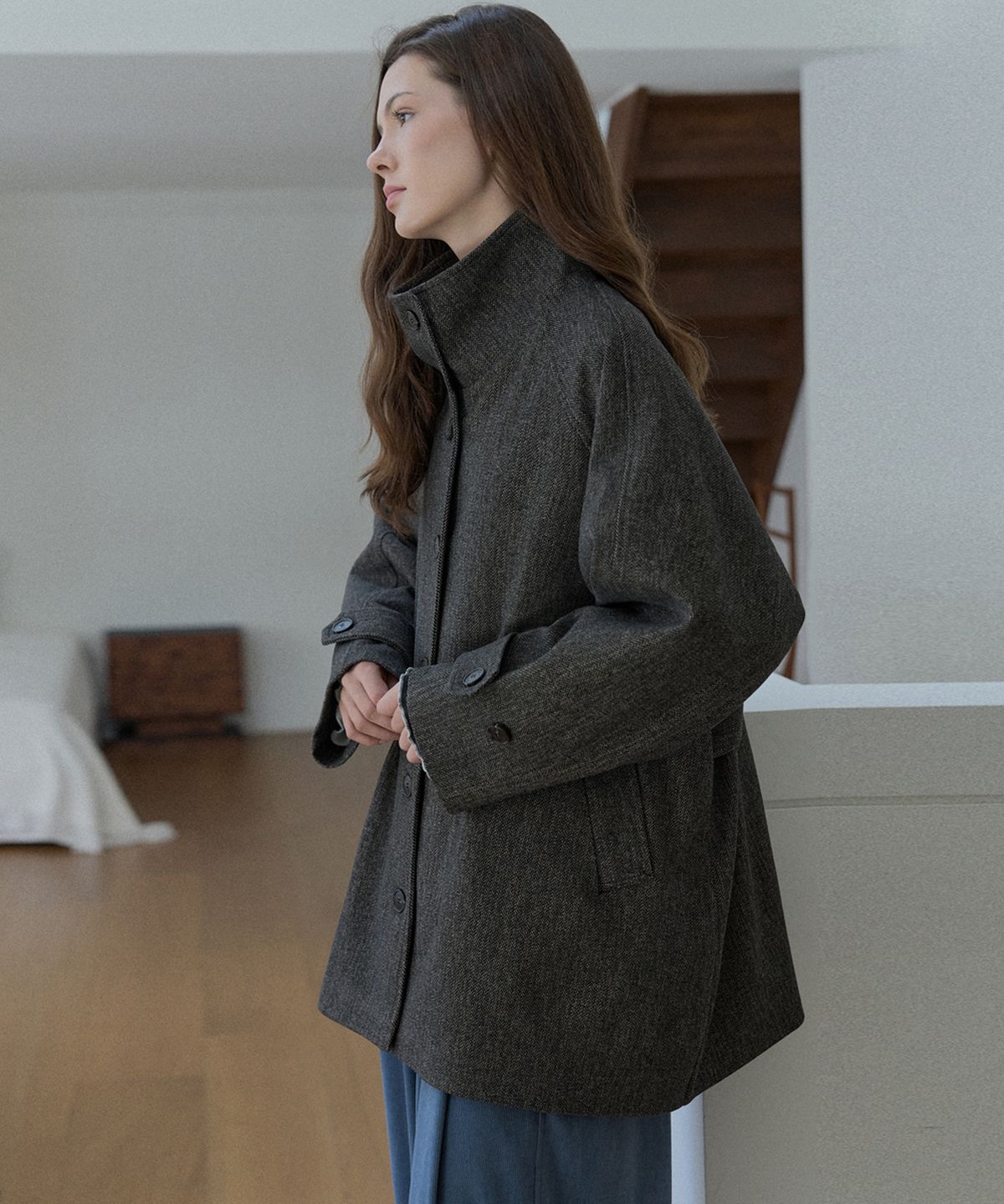 아방(AVANT-G) Herringbone Half Coat - BROWN