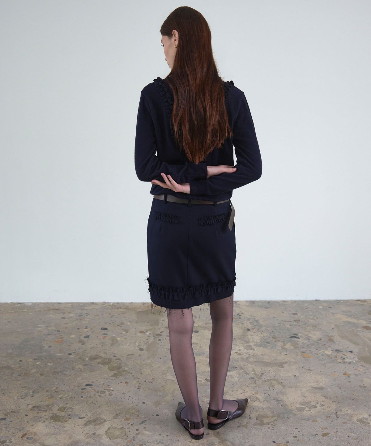 신앤리(SSIN AND LEE) Milan Frill Pencil Skirt Navy