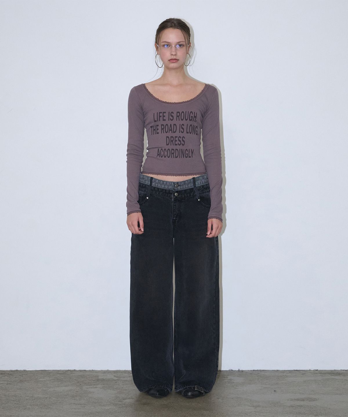 로타입(ROUGHTYPE) Scallop Lace Off-shoulder Long Sleeve - Ash purple