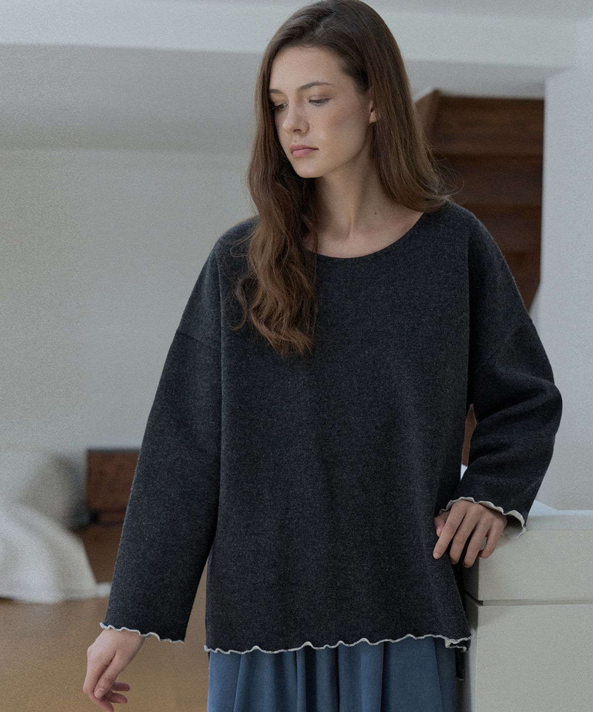아방(AVANT-G) Wool Oversize Unbalanced Knit - CHARCOAL