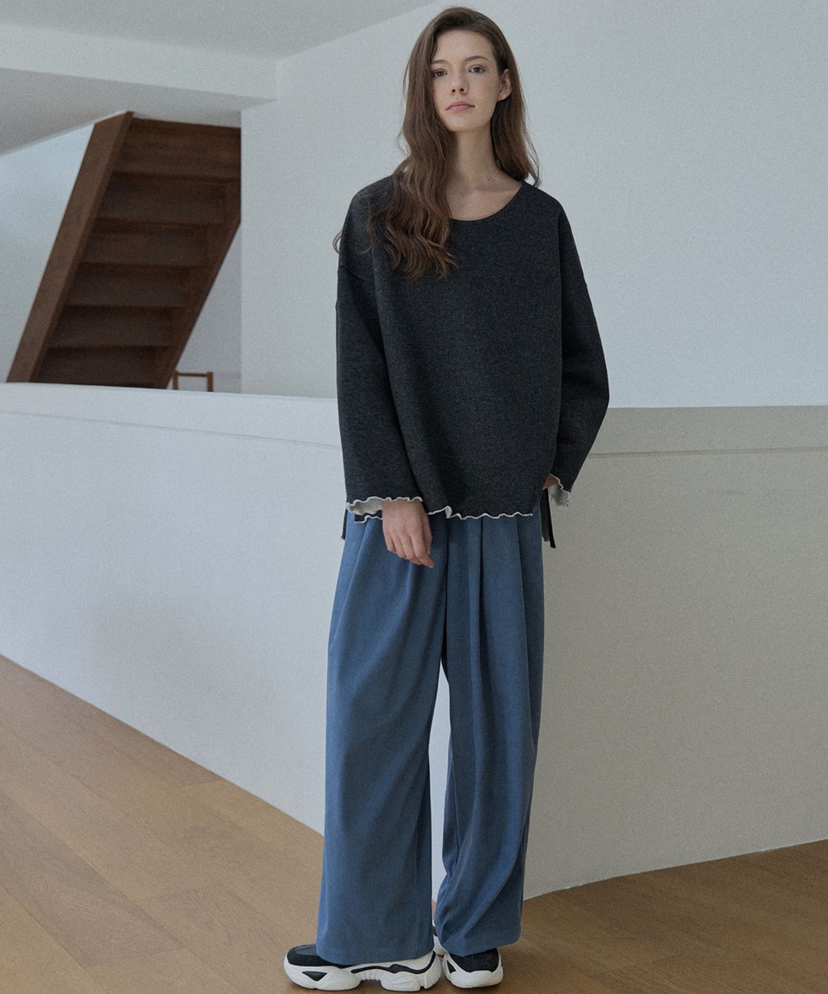 아방(AVANT-G) Wool Oversize Unbalanced Knit - CHARCOAL