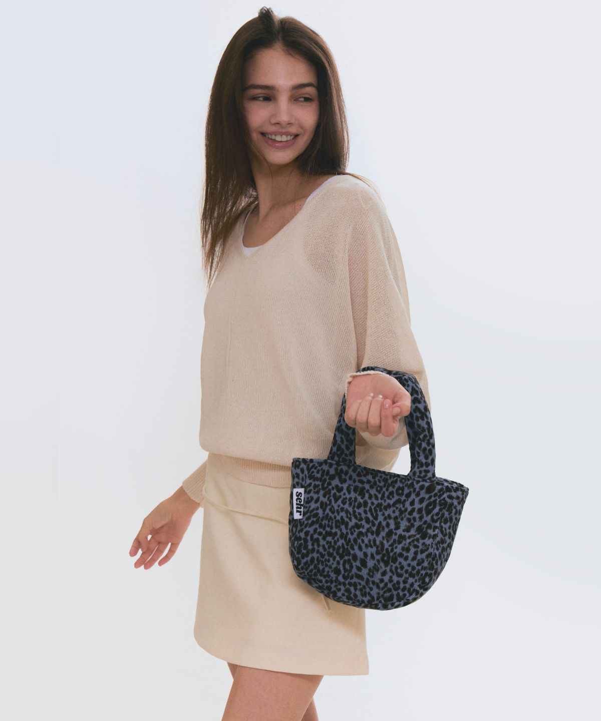 세르(SEHR) Leopard Corduroy Petit Tote Bag (Blue)