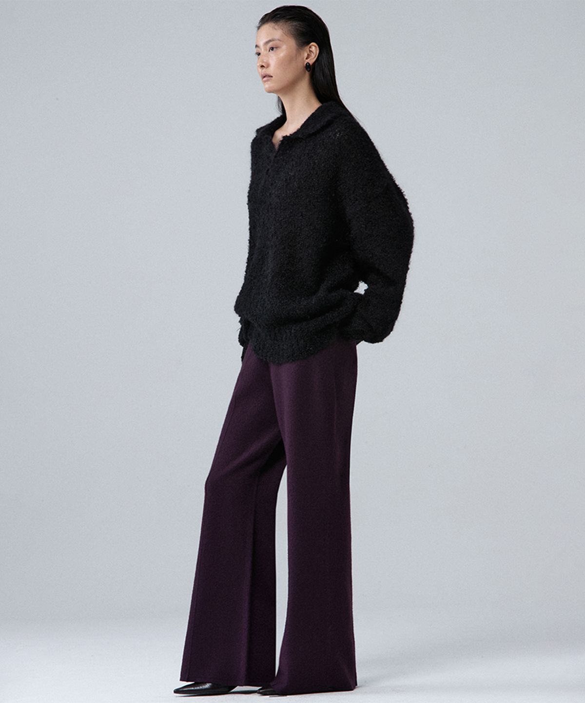 우마뭉(UMARMUNG) Pure merino boiled wool semi bell bottom pant_Black berry