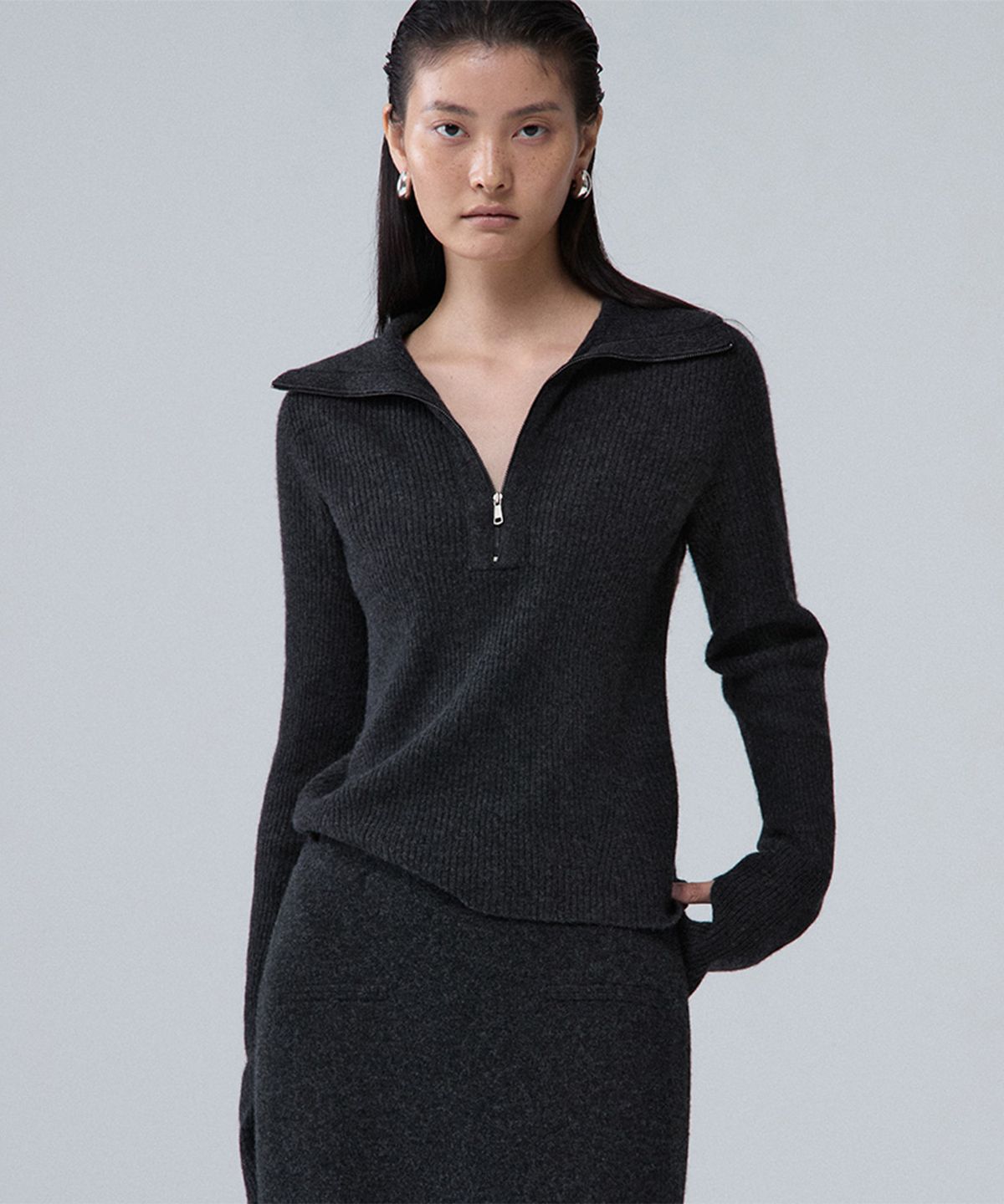 우마뭉(UMARMUNG) Super fine merino wool half zip up ribbed pullover_Heather grey