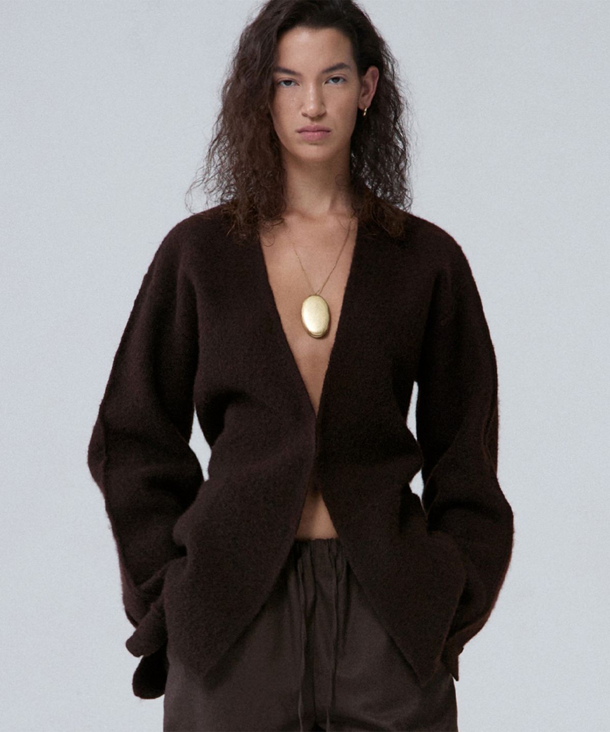 우마뭉(UMARMUNG) Pure merino boiled wool collarless jacket_Mahogany
