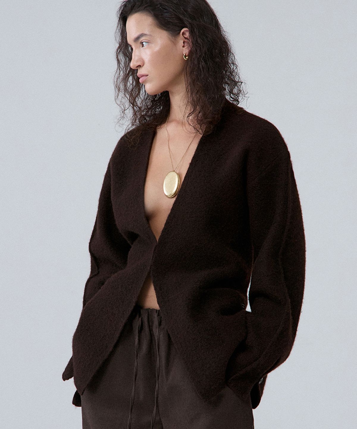 우마뭉(UMARMUNG) Pure merino boiled wool collarless jacket_Mahogany