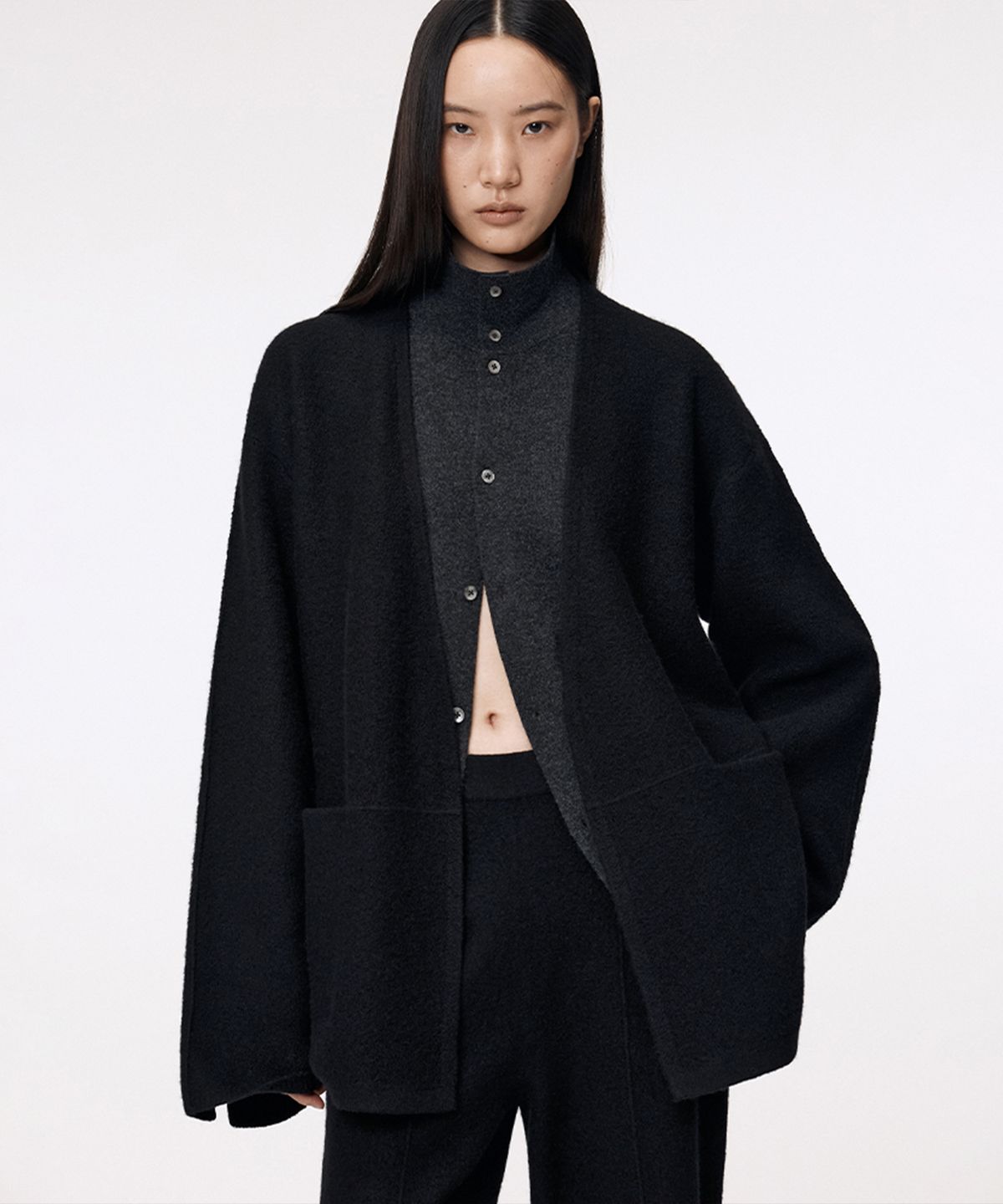 우마뭉(UMARMUNG) Pure merino boiled wool collarless jacket_Black